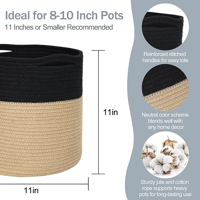 Wicker Plant Basket Indoor, 11" x 11" Jute Spliced Cotton Rope Basket Planter for 10" Pot, Woven Flower Tree Pots Cover, Small Floor Indoor Planters, Modern Bins for Plants and Home Decor