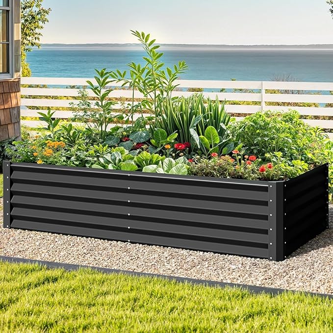 DWVO 6 x 3 x 1.5 FT Raised Garden Bed Kit, Outdoor Galvanized Flower Bed with Gloves, Large Metal Planter Box for Vegetables, Flowers, Herbs, Fruits, Black