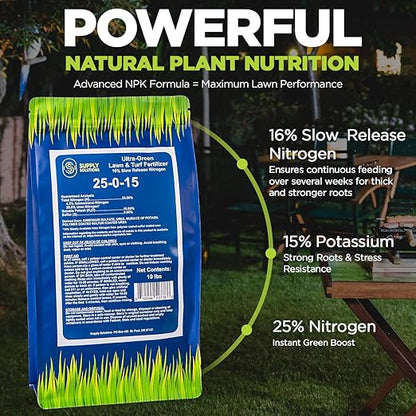 Supply Solutions 25-0-15 Ultra Green Lawn and Turf Fertilizer - 16% Slow Release Nitrogen - Promotes Lush, Green Lawns and Strong Root Growth, Reduces Mowing Frequency (10 Pounds)