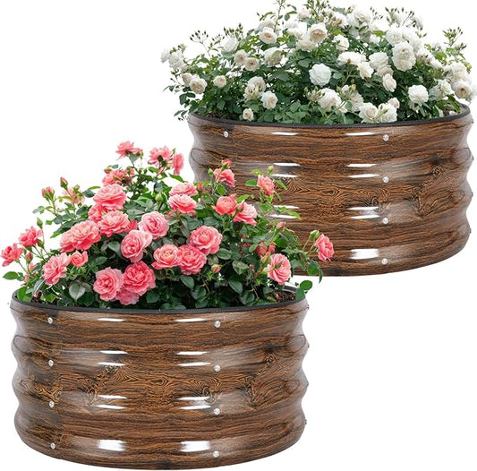 Galvanized Raised Garden Bed- 2Pcs Metal Planter Boxes Outdoor | 12" Tall 24" Round Steel Raised Bed Kit & Fire Pit Ring for Gardening with Protective Tape for Vegetables (Wood Grain)