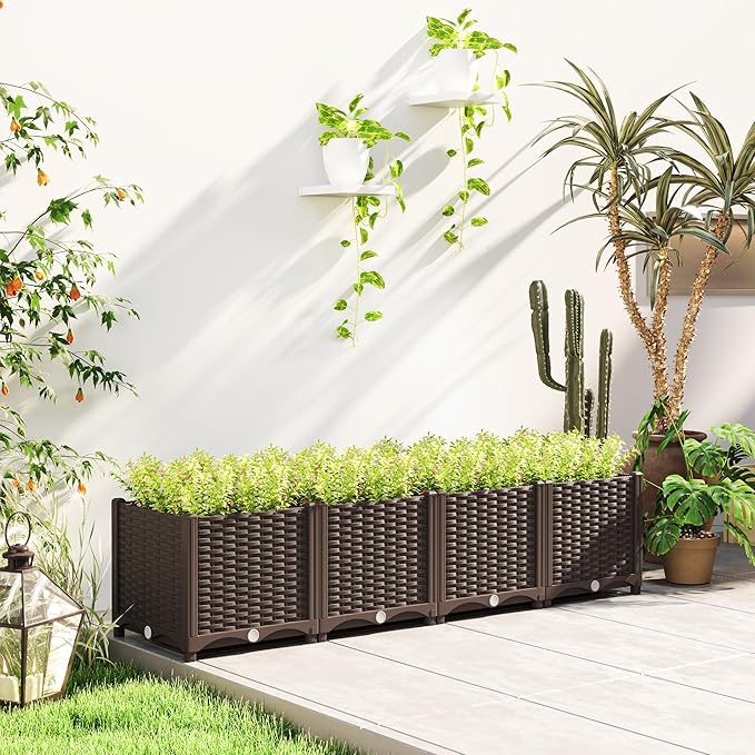 Outsunny 5 x 1 x 1 ft Raised Garden Bed, Indoor Outdoor Plastic Planter Box with Drainage Holes, Drain Plugs and Water Reservoirs for Vegetables, Herbs, Flowers & Succulents, Brown