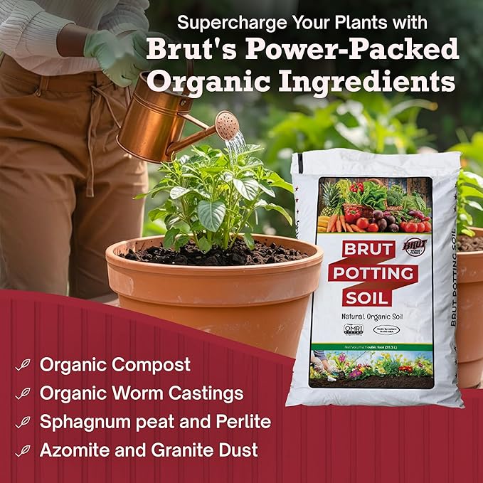 Brut Organic Potting Soil – 1CF, Premium Plant Soil with Organic Worm Castings, Trace Minerals & Perlite – Chemical-Free, Filler-Free – Ideal Potting Mix for Indoor & Outdoor Plants – 6pck