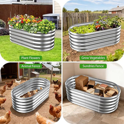 17" Tall Outdoor Garden Raised Garden Bed Kits, 4ft X 2ft Oval,0.8MM Thick Metal Raised Planter Bed/Ground Planter Box for Variety of Flowers,Herbs,Vegetables (Silver, 48X24X16.5 Inches)