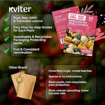 KVITER 50 Small Gourd Seeds Mix (Cucurbita Pepo) – Ornamental Fall Decor Gourds, Non GMO & Organic – Perfect Heirloom Seeds for Planting Decorative Gourds in Vegetable Garden