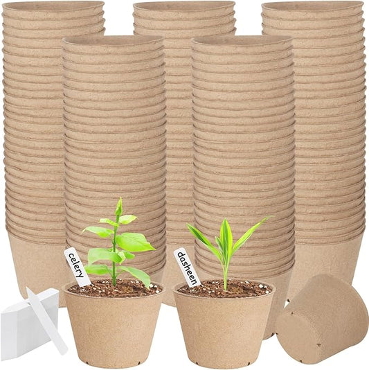 132 Pack Peat Pots, 4 Inch Plant Starter Round Nursery Pot with Drainage Holes, Seedling Nursery Box, Seed Starting Tray, Bulk Garden Germination Paper Pulp Container with 132 Plant Labels