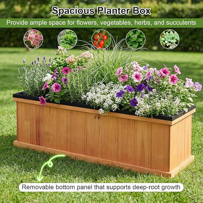 Giantex Outdoor Raised Garden Bed, 40” x 13” x 12” Pine Wood Planter Box with 3 Drainage Holes, Removable Bottom & Bed Liner, Rectangular Flower Container for Vegetables, Herbs, Indoor & Outdoor