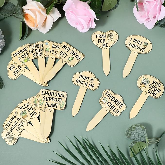 15pcs Garden Plant Markers, Wooden Plant Signs, Funny Plants Stakes, Plants Labels Tab Cute Words Patterns Garden Tags for Indoor Outdoor Patio Home Decoration Gifts