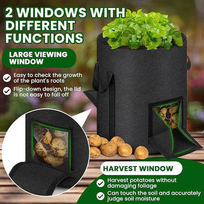 4 Pcs Upgraded Potato Grow Bags 10 Gallon with Harvest Window Visible Window Planting Bags Gardening Pots Thickened Nonwoven Planter for Growing Potato Tomato Vegetable (Multicolor)