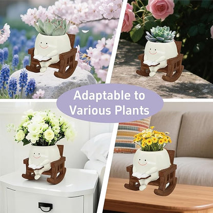 Smiley Face Planter Pot, Cute Plant Pots for Indoor Outdoor, Unique Reading Rocking Chair Plant Pot for Succulents Plants Live with Drainage Hole, Gift Idea for Mother Day and Christmas