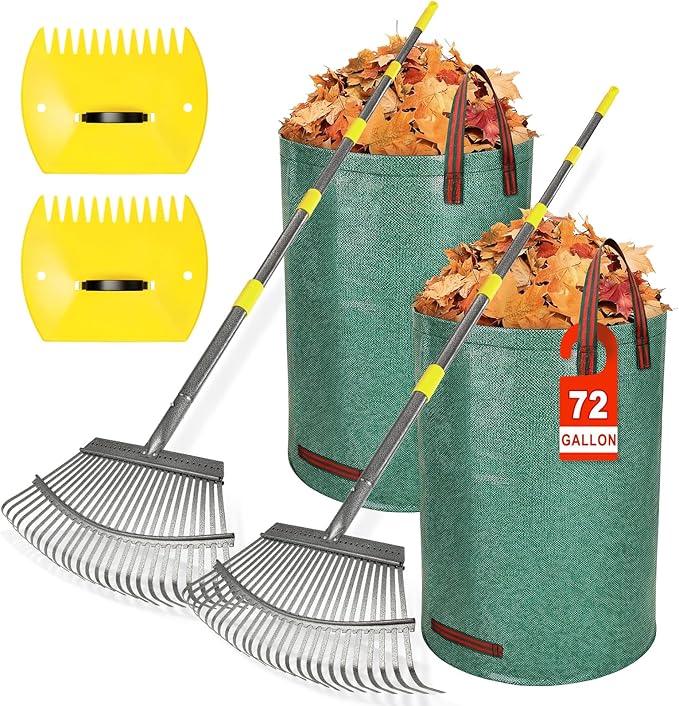 2 Pack Garden Rake for Leaves: 18" Wide Heavy Duty Rakes for Lawns with 72 Gallon Leaf Bags and Scoops, Metal Leaf Rake Set with73 Adjustable Long Handle 25 Tines for Yard, Garden, Lawn