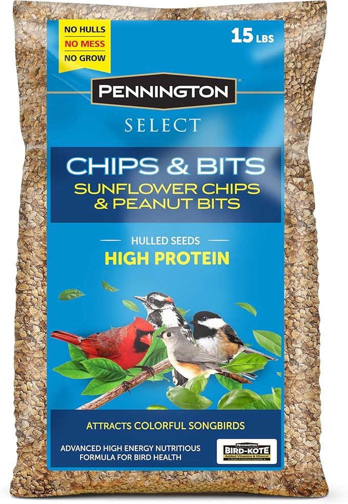 Pennington Select Chips & Bits Wild Bird Seed for Outside Feeders, High-Protein, No Hull & No Waste Bird Seed Blend, Sunflower Chips & Peanut Bits Attract Songbirds,15-lb. Bag