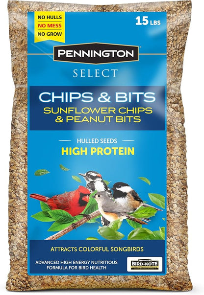 Pennington Select Chips & Bits Wild Bird Seed for Outside Feeders, High-Protein, No Hull & No Waste Bird Seed Blend, Sunflower Chips & Peanut Bits Attract Songbirds,15-lb. Bag