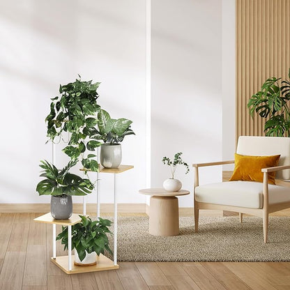 4 Tier Plant Stand Indoor Outdoor, Wood Metal Corner Shelf, Multiple Flower Pot Rack Holder Shelves, Planter Shelf Display Storage Organizer for Patio Living Room Balcony (White)