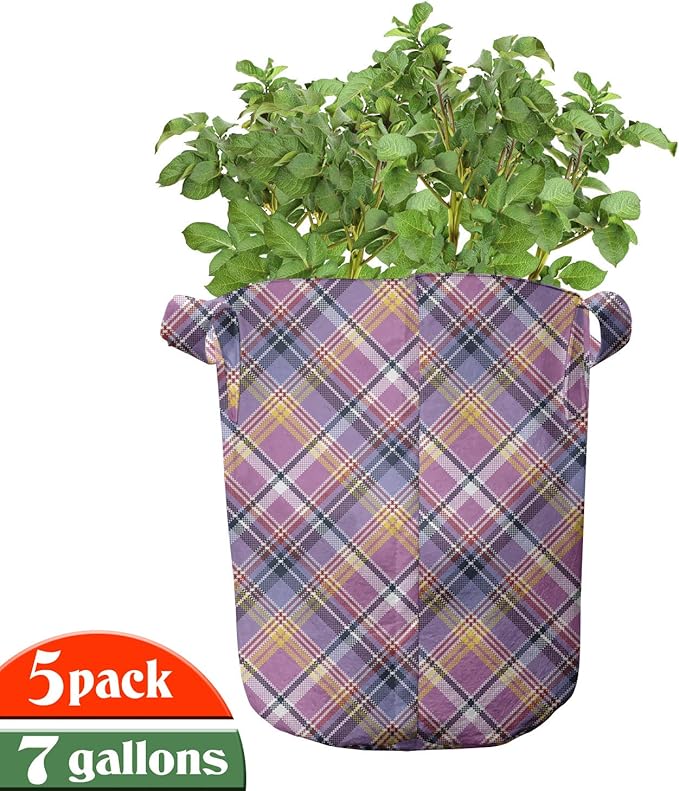 Ambesonne Purple Grow Bags 5-Pack, Checked Tartan Plaid Layout, Heavyduty Fabric Pots with Handles for Plants, Purple Pink