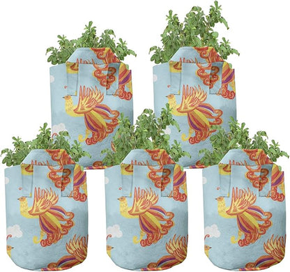 Ambesonne Phoenix Grow Bags 5-Pack, Bird Feathers Illustration, Heavyduty Fabric Pots with Handles for Plants, Vermilion Pale Blue