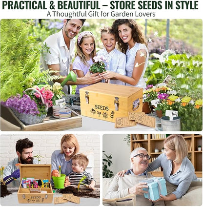 Large Bamboo Wood Seed Storage Organizer Box with Lid,Double-Layer Seal Design Seed Saving Box with 304 Stainless Steel Safety Lock,Handles,Extra Seed Envelopes and Labels (Wood)