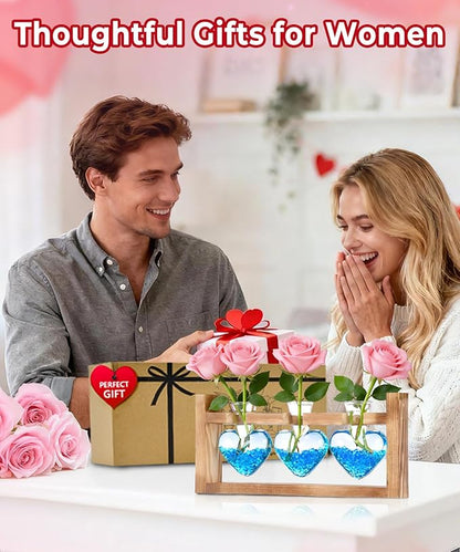Nacome Plant Terrarium Propagation Stations: Birthday Gifts for Plant Lovers Women Mom Wife Daughter - 3 Bulb Glass Vase with Wooden Stand Tabletop for Hydroponics Home Garden Wall Decor