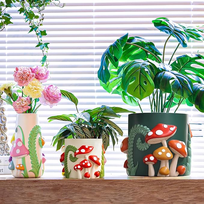 GUGUGO 8 Inch Colorful Mushrooms Planters Cute Unique Rainbow Planter with Drainage, Vintage Retro Flower Plant pots for Indoor Plants, Eclectic Succulent Gardening Pot for Boho Modern Home Décor (C)