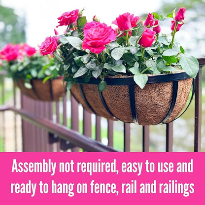LaLaGreen Deck Railing Planter Boxes (16 Inch, 4 Pack) Black Metal Rectangular Hanging Planters with Coco Liner, Adjustable Flower Planter Box Brackets for Plants Fence Balcony Patio Porch Over Rail
