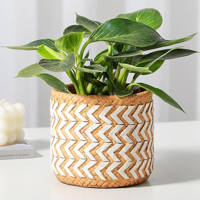 Concrete Rattan-Style Plant Basket Planter, 5" Outdoor Indoor Plant Pots with Drainage Hole, Boho Flower Pot for Succulents, Herbs, Modern Farmhouse Decor, Ideal Gift for Plant Lovers
