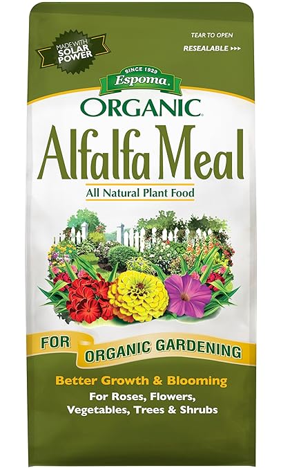 Espoma Organic Alfalfa Meal Fertilizer 2-0-2. All-Natural Plant Food Source of Nitrogen and Potassium for Organic Gardening. for Roses, Flowers, Veggies, Trees & Shrubs. 3 lb. Bag.