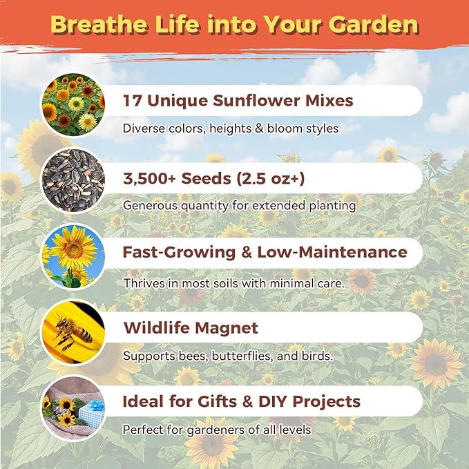 Sunflower Seeds for Planting | 3000+ Giant Mammoth Heirloom Bulk Seeds in 2oz Packet | High Germination, Open Pollinated, Attracts Pollinators for Home & Outdoor Gardens
