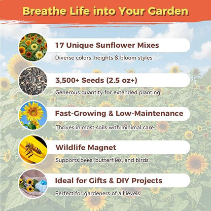Sunflower Seeds for Planting | 3000+ Giant Mammoth Heirloom Bulk Seeds in 2oz Packet | High Germination, Open Pollinated, Attracts Pollinators for Home & Outdoor Gardens