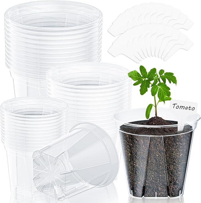 30 Pack Clear Nursery Pots for Plants, 5.5/5.9/6.3 Inch Reinforced Plastic Plant Pots with Drainage Holes High Transparency Plant Pot Seed Starter Pot High Transparency with 20 Plant Labels