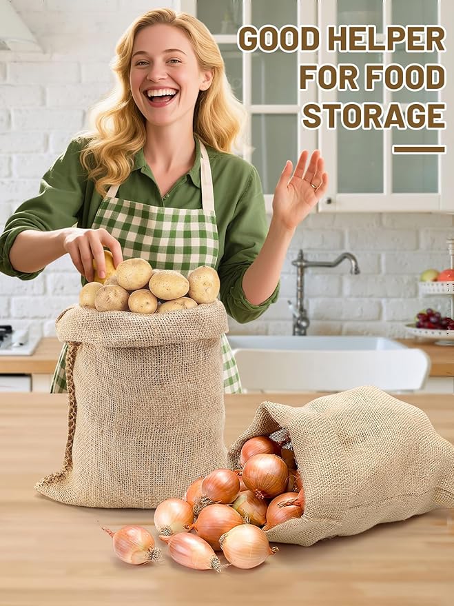 ANPHSIN 4Pcs Breathable Natural Burlap Bags - 16"x24" Reusable Thicken Jute Potato Onion Food Storage Sacks with Rope