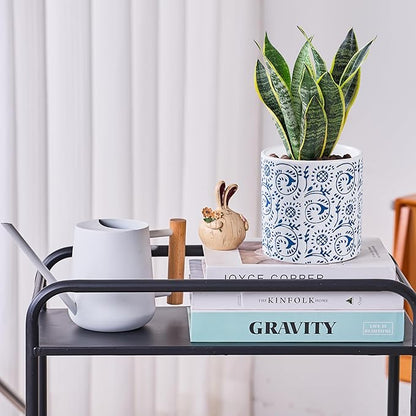 Blue and White Ceramic Plant Pot for Indoor Plants, 6 Inch Boho Flower Pot with Drainage Holes, Modern Planter for Home & Office Decor