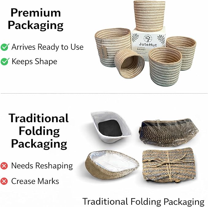 Planter Basket Set – 5-Piece Handwoven Jute Planter Basket for Home Decor, Nursery, or Indoor Plants (5'' to 8'' Diameter, 4.75'' to 7.75'' Height) – Wrinkle Free - Natural Beige with White Stripes