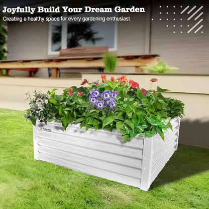 A ANLEOLIFE 4X4X1.5 ft Galvanized Raised Garden Beds Outdoor, Square Metal Planter Box for Planting Vegetables Flowers Herb, Anti-Rust & Easy-Setup, Antique White