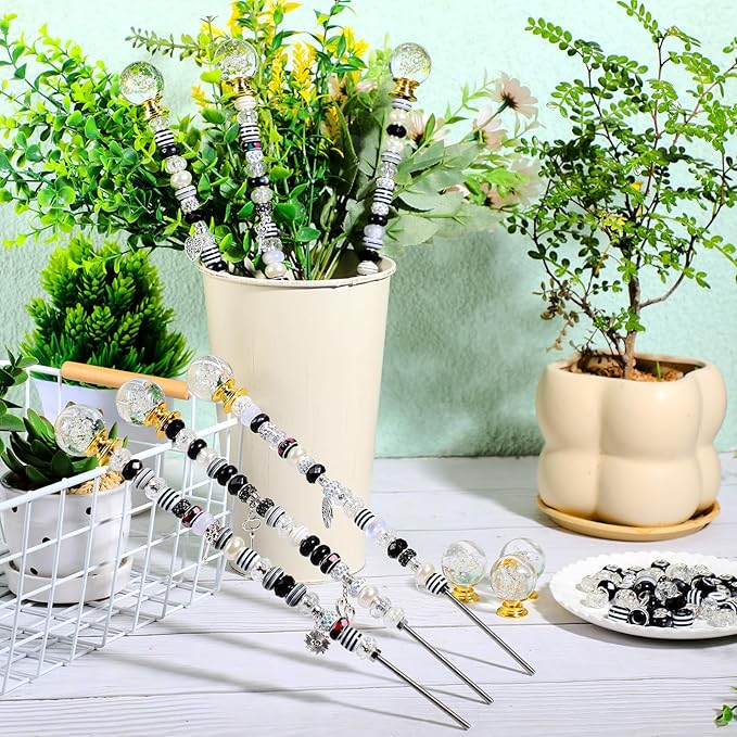 Tigeen 236 Pcs Garden Stake DIY Fairy Wand Plant Stake with 12 Colorful Crystal Stopper Top 12 Threaded Rod with 200 Large Hole Bead for Spring Summer Holiday Outdoor Decorations(Dark Witchy)