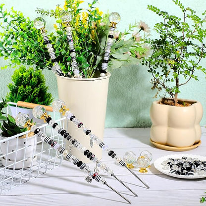 Tigeen 236 Pcs Garden Stake DIY Fairy Wand Plant Stake with 12 Colorful Crystal Stopper Top 12 Threaded Rod with 200 Large Hole Bead for Spring Summer Holiday Outdoor Decorations(Dark Witchy)