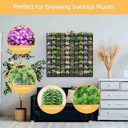Hanging Planting Grow Bags, 90 Pockets Wall Planter Wall Mounted Grow Bag Outdoor Indoor Gardening Vertical Greening Flower Container, Planting Bags Storage Bags(1.1 m × 1.1 m, Black)