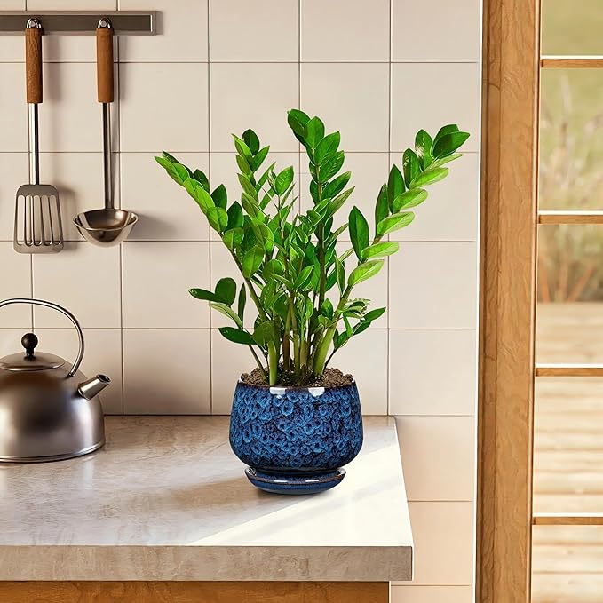 Blue Ceramic Planter Pots with Drainage Holes, Set of 2 7''+5'' Saucers and Mesh Pads Large Round Plant Pot for Indoor-Outdoor Plants, Succulent Orchid Flower