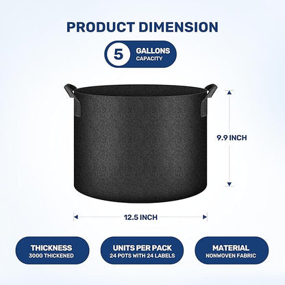 YSSOA Grow Bags 24 Pack 5 Gallon 300G Reusable Breathable Gardening Pots with Handles Non-Woven Fabric Plant Bags, Heavy Duty Planting Bags for Grow Tent Hydroponic & Outdoor Vegetables Tomatoes