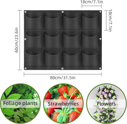 Hanging Planting Grow Bags, 12 Pockets Hanging Vertical Wall Planter Wall Mounted Grow Bag Outdoor Indoor Gardening Vertical Greening Flower Container, Planting Bags Storage Bags(0.6 m × 0.8 m, Black)