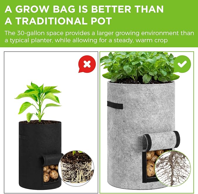 4 Pack 30 Gallon Potato Grow Bags with Harvest Window, Durable Garden Planter Bags with Handles for Potatoes, Tomatoes, and Vegetables - Indoor & Outdoor Gardening Supplies (Black,Gray)