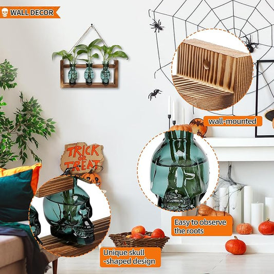 Plant Terrarium Propagation Stations Hydroponics Halloween Skull Planter Vase Skulls Decor with Wooden Stand Gife for Father
