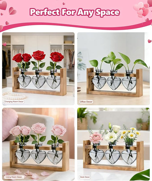 Nacome Plant Terrarium Propagation Stations: Birthday Gifts for Plant Lovers Women Mom Wife Daughter - 3 Bulb Glass Vase with Wooden Stand Tabletop for Hydroponics Home Garden Decor(Gray)