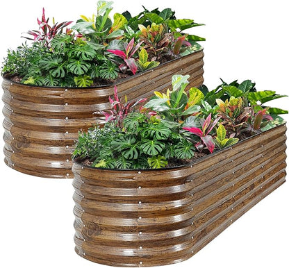 ZORMY Galvanized Raised Garden Bed Outdoor- 2PCS 8x2x1.4ft Oval Steel Raised Beds for Gardening, Metal Planter Box with Protective Strip and Gloves for Vegetables, Flowers, Fruits(Brown)