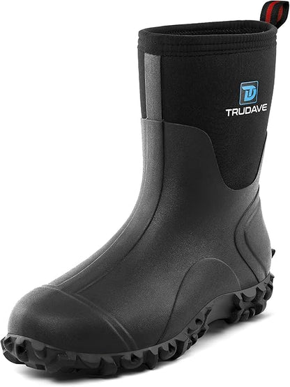 Trudave Rubber Boots for Men, 6mm Neoprene Insulated Mud Boots with Steel Shank, Men's Mid Calf Waterproof Rain Boots,Anti-Slip Rubber Work Boots for Farming Gardening Fishing,Size 7-13
