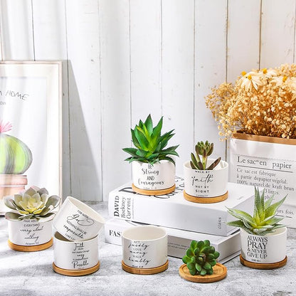 Fumete 12 Pcs Bible Verse Succulent Pots with Bamboo Tray Drainage 3.15 Inch Mini Ceramic Flower Planter Pot Christian Gifts for Women Sunday School Teacher Church Plants Not Included(Classic Style)