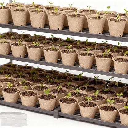 Peat Pots 70 Pack with 100 Plant Labels, 3.15 Inch Biodegradable Seedling Nursery Pots with Drainage Holes
