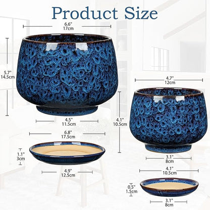 Blue Ceramic Planter Pots with Drainage Holes, Set of 2 7''+5'' Saucers and Mesh Pads Large Round Plant Pot for Indoor-Outdoor Plants, Succulent Orchid Flower