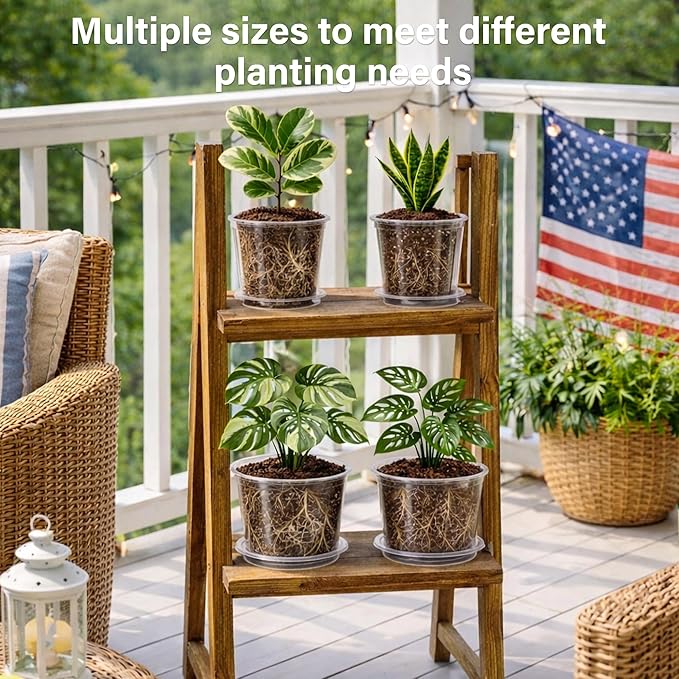 12 Pack 10/8/6/5 Inch Reinforced Large Clear Nursery Pots with Sacuers, Transparent Variety Pack Plastic Plant Pot with Drainage Holes for Vegetable Propagation, Root Cutting, Seed Starting
