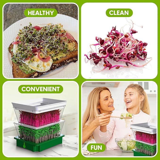 2-Tier Stackable Sprouting Kit with Sink Drain Spout & Ventilated Trays – Modular Seed Sprouter & Microgreens Germination System for Growing Broccoli, Alfalfa & Bean Sprouts.