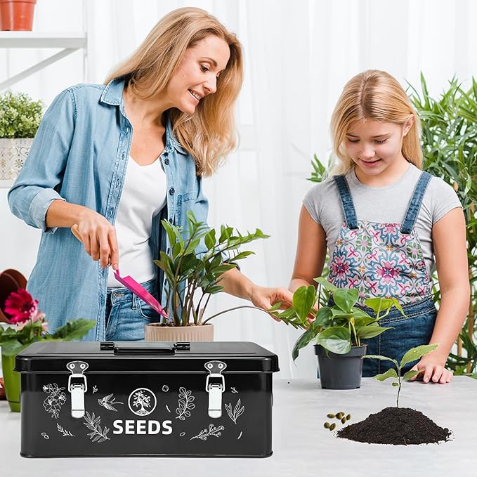 Seed Storage Box, Seed Storage Organizer with Garden String, 30 Seed Envelopes and Bamboo Plant Labels, 4 Compartments Garden Seed Organizer Box with Safety Locks, Black