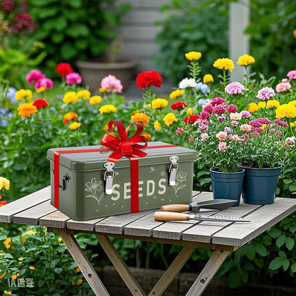 Seed Storage Organizer, Seed Saving Box with Lid, Metal Seed Bin Seed Packet Container with 100 Plant Labels 50 Seed Envelopes 50 Plant Clips 1 Marker Pen, 4 Compartments Box with Locks, Green